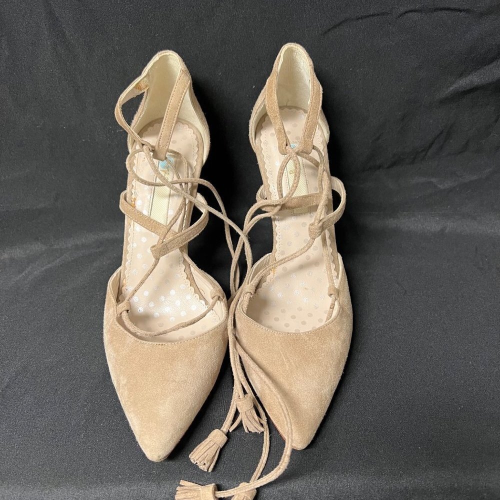 Boden Lillie Suede Tassel Lace Up Heels - Beige - Size 7